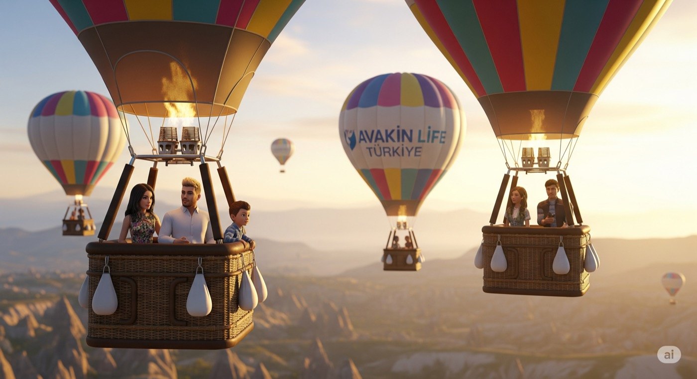 Sıcak hava balonlarıyla gökyüzü yolculuğu yapay zekâ konsepti