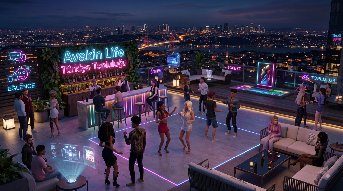 İstanbul manzaralı neon ışıklı bir teras buluşması konsepti